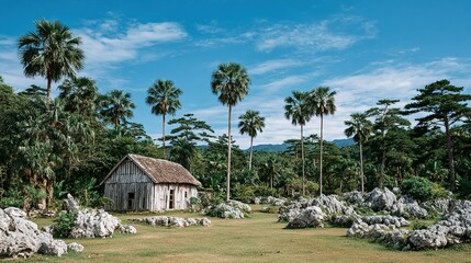 Fototapeta premium A rustic wooden hut nestled amongst lush tropical foliage and rocks.