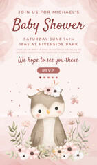 Watercolor baby shower cute animal koala baby girl boy poster template card invitation