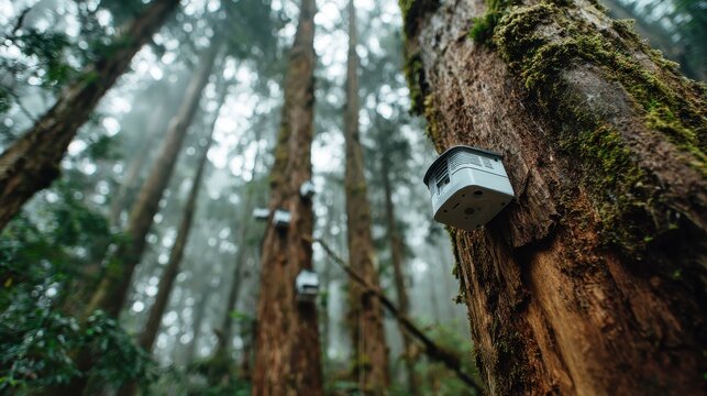 White wireless sensor devices are mounted on tree trunks in a dense, atmospheric forest to monitor environmental data and gather insights from nature.