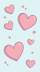 Floating pink hearts and sparkles on light blue background decorative vector illustration