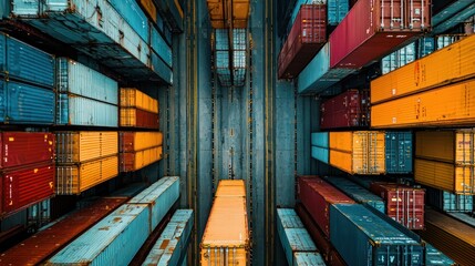 A large, colorful container yard with multiple colorful shipping containers stacked and arranged in a grid-like pattern.