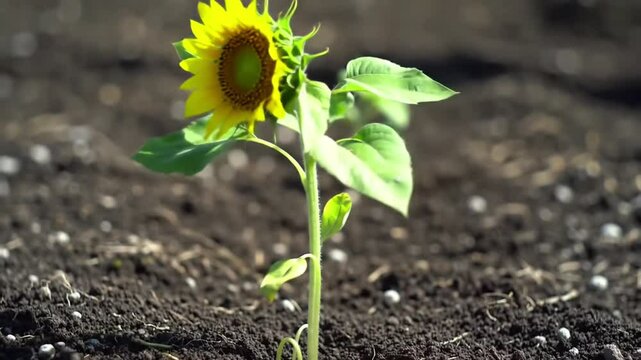 A vibrant sunflower growing in rich, dark soil.