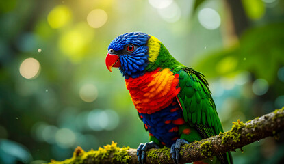 Naklejka premium Vibrant Rainbow Lorikeet Perching on Mossy Branch, Tropical Bird Photography, High-Resolution Nature Image