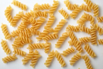 Close-up of uncooked spiral-shaped pasta pieces scattered on a white background with warm natural lighting