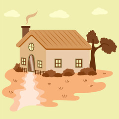 Small wooden house cottage with a sloped roof, chimney and a warm, inviting door. Autumn village house landscape. Cozy countryside, fields, meadows, hay, clouds, leaves are falling. Flat illustration