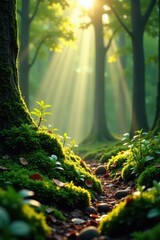 Fototapeta premium Sunlight streams through leaves, illuminating mossy undergrowth , ecosystem, eco, nature