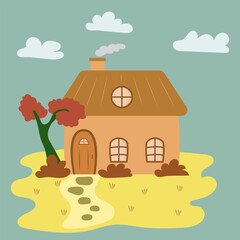 illustration of countryside. beautiful landscape and a house in the village. Autumn village house landscape. Cozy countryside, fields, meadows, hay, clouds, leaves are falling. Flat illustration