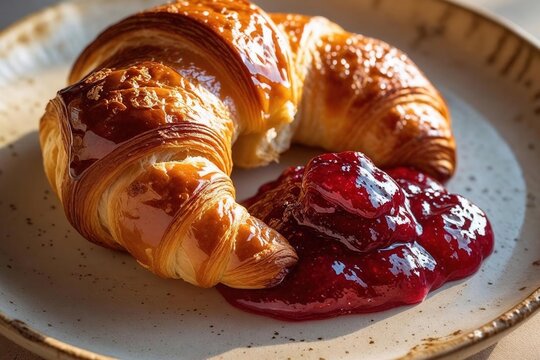 Fresh Buttery Croissant with Strawberry Jam on Ceramic Plate in Natural Light — Delicious Breakfast or Brunch Food Photography