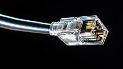 A close-up of a silver Ethernet cable with a transparent connector against a black background.