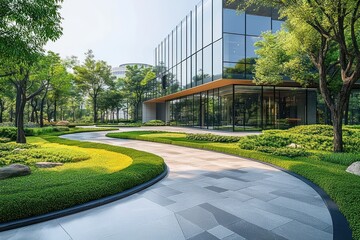 Modern glass building surrounded by landscaped curved walkway and lush green trees and shrubs on a bright sunny day