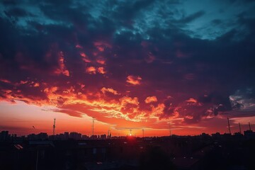 Dramatic sunset with vibrant orange and red hues illuminating thick dark clouds over a silhouetted city skyline with antenna towers
