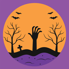 Spooky halloween scene featuring a zombie hand emerging from the ground with bats and a full moon.