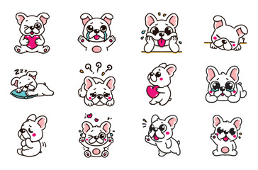 Set of French bulldogs in various poses with hand-drawn vector illustrations. Doodle flat art style, isolated and easy to use for creative projects and designs.