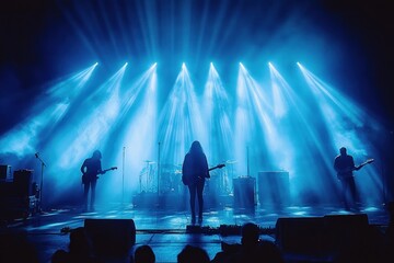 Silhouetted band performing on stage with bright blue spotlights and fog creating dramatic atmosphere