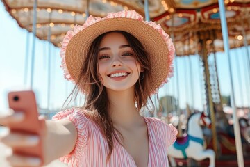 young woman smiling cheerfully and taking a selfie in front of a colorful carousel on a sunny day wearing a straw hat with pink trim and a striped pink dress
