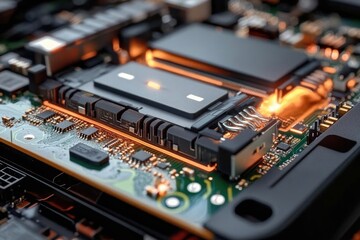 Close-up of a computer circuit board featuring a black integrated circuit chip with connectors and various electronic components illuminated by warm orange lighting