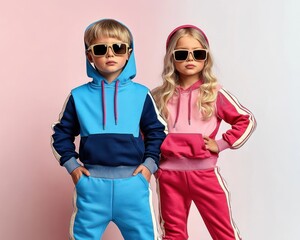 Two confident young children wearing sporty hooded sweatshirts and pants with sunglasses standing against a gradient soft pink and white background