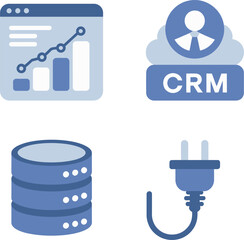 Database integration icons. Growth analytics, CRM structure, server cloud, plug connection system backend tools
