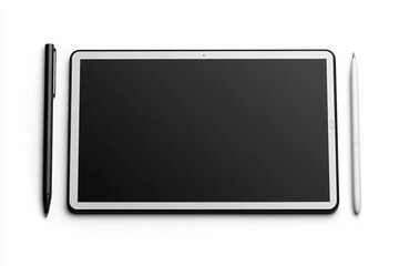 Top view of a digital tablet placed between a black pen and a white stylus on a clean white background conveying technology and creativity
