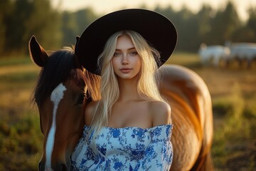 Blonde young woman with long hair and wide black hat standing close to chestnut horse with white facial stripe in sunlit countryside during golden hour