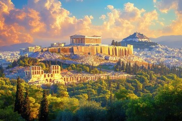 Ancient acropolis ruins atop rocky hill overlooking dense green trees and urban city under vibrant sky with dramatic clouds at sunset