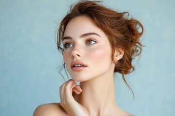 Close-up portrait of a young woman with light skin, freckles, red hair tied back, and green eyes looking thoughtfully to the side against a soft blue background