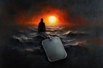 Silhouetted figure standing in dark turbulent waters during a fiery sunset with a large dog tag floating prominently in the foreground, evoking solitude and reflection