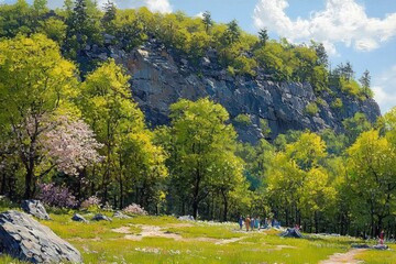 Bright springtime scene of a green meadow with scattered wildflowers and large rocks beneath a rocky cliff covered with trees under a partly cloudy sky with a few people walking and gathering