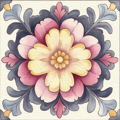 Symmetrical floral watercolor painting featuring layered petals in soft yellow, pink, and blue hues with decorative leaves extending from the center