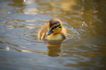 close-up of a small yellow and brown duckling swimming calmly on rippling water with soft sunlight reflections