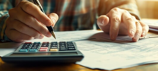 Person using a pen and calculator to analyze documents with financial data on a wooden table in natural light
