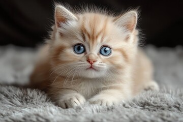 tiny fluffy cream-colored kitten with striking blue eyes lying on soft gray carpet looking curiously at the camera