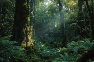 Sunlight filtering through dense green forest with tall moss-covered trees and lush ferns creating a serene and peaceful atmosphere