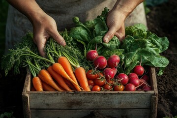 Hands holding a wooden crate filled with freshly harvested carrots, radishes, cherry tomatoes, and green leafy vegetables in a garden setting
