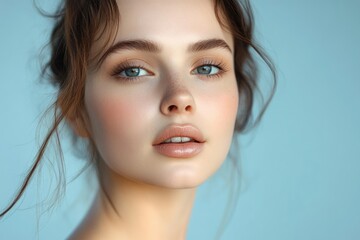 Close-up portrait of a young woman with clear blue eyes, natural makeup, and wavy brown hair against a light blue background, expressing calm and confidence