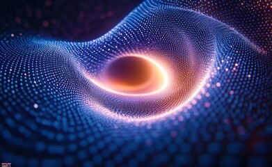 Glowing digital wave mesh with bright central vortex and flowing points creating a futuristic and dynamic 3D effect