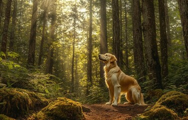 golden retriever sitting attentively on a forest path surrounded by tall trees with sunlight filtering through dense foliage creating a peaceful and warm atmosphere