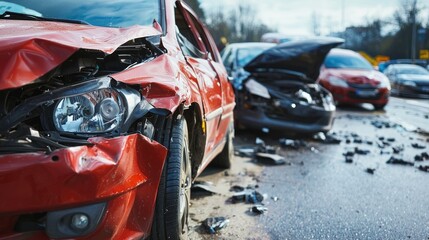 A red car with damaged front and rear end, on a wet road with other cars and traffic signs in the background.
