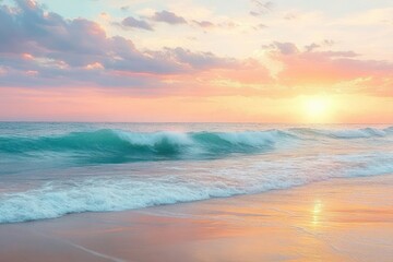 Calm ocean waves gently rolling onto sandy beach during a colorful sunset with soft pastel sky and glowing sun