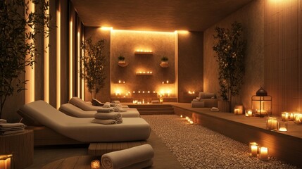 Cozy spa lounge with candles and herbal tea, uncrowded, perfect for relaxing. generative ai