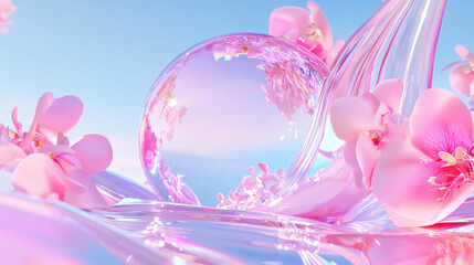 Soft pastel pink floral water scene with crystal clear bubble reflecting blue sky and clouds serene surreal dreamlike 6D render spring summer nature aesthetic glowing translucent artistic beauty