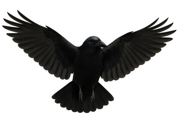 Obraz premium Majestic black crow with open wings, isolated on transparent background, creating a dramatic and powerful image