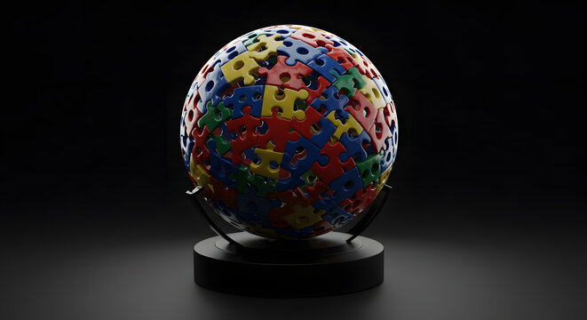 Earth globe made of vibrant multi-colored puzzle pieces on a stand. Symbolizes global diversity, autism awareness, or interconnectedness and complex solutions.
