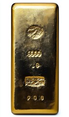 shiny gold bar with stamped marks indicating purity and weight on reflective surface