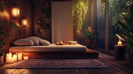 Cozy spa lounge with candles and herbal tea, uncrowded, perfect for relaxing. generative ai