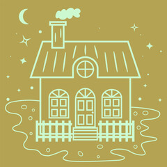 line art hand drawn Cozy log cabin with smoke rising from chimney, 