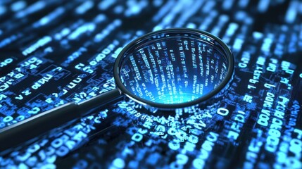 A magnifying glass resting on a digital interface with blue and white text, focusing on a section of the interface.