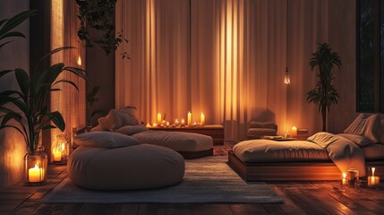 Cozy spa lounge with candles and herbal tea, uncrowded, perfect for relaxing. generative ai