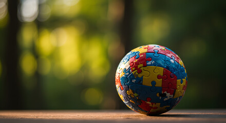 Earth globe made of colorful puzzle pieces in a natural, blurred background. Concept of global unity, environmental solutions, and interconnectedness with nature.