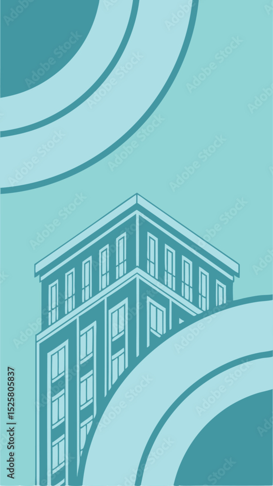 Poster modern architectural building design illustration with abstract elements and teal color palette